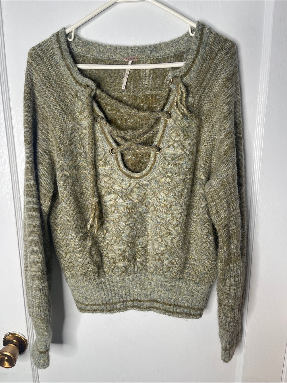 Free People Sweater Medium Wool Blend Lace Up Neck Gray Sage Green M